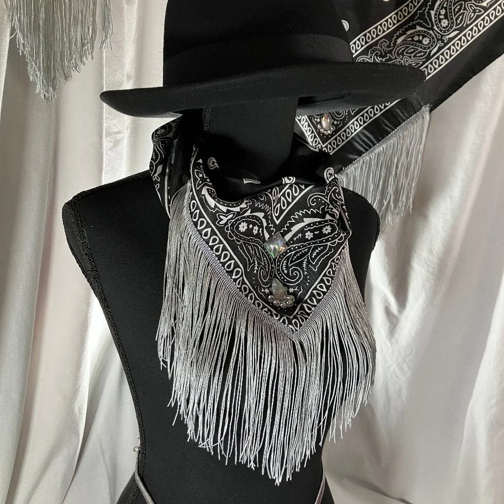 Fringed Blinged out Black Bandana with - Picture 8 of 16